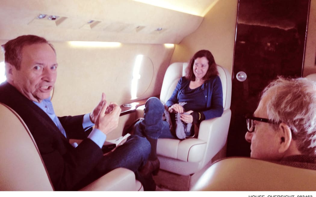 An undated photo from the personal collection of Jeffrey Epstein provided by the Democrats on the House Oversight Committee on 12 December, 2025, shows former Harvard President Larry Summers (left), his wife, and actor and director Woody Allen (right).