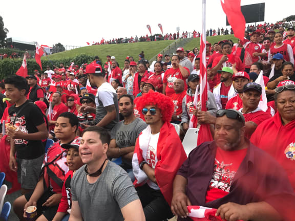 Hynds Pipe workers supporting Tonga's League team at Mt Smart Stadium 2018