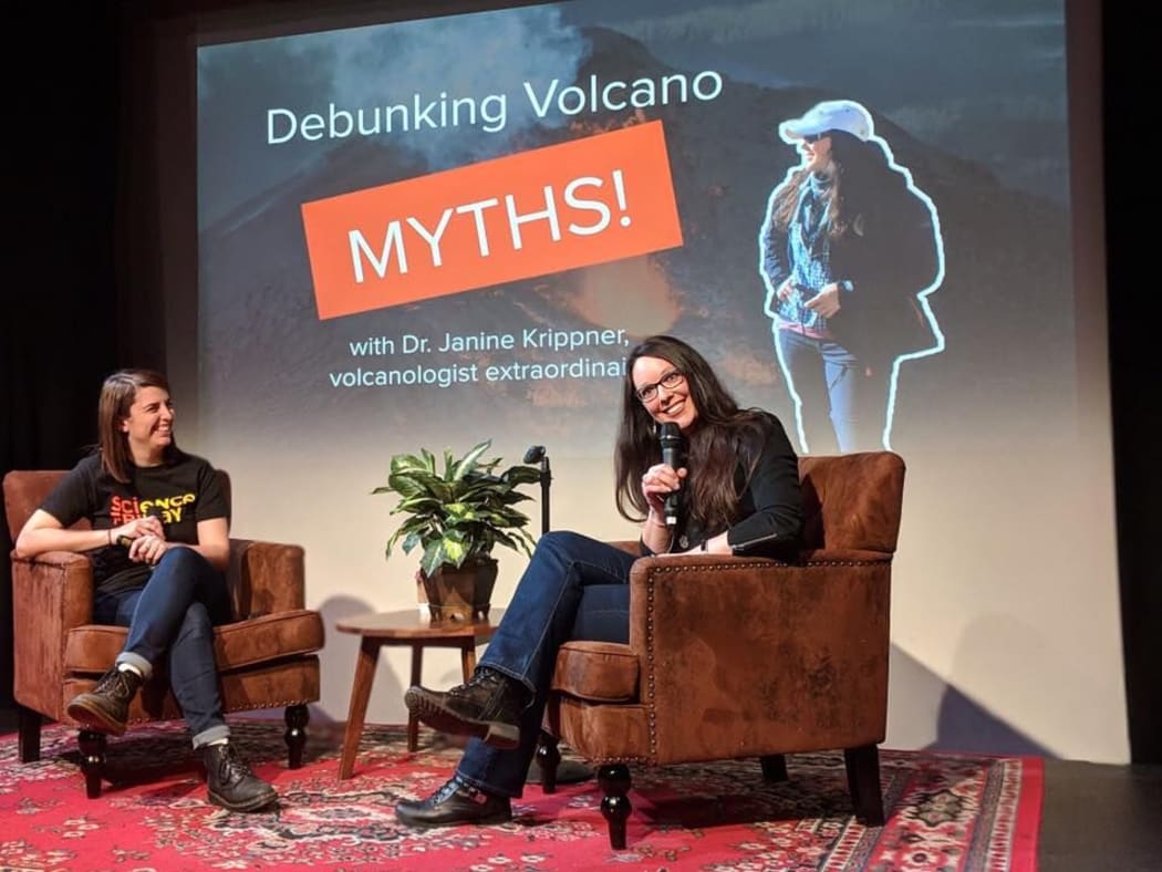 New Zealand volcanologist Dr Janine Krippner on stage for an event in NYC.