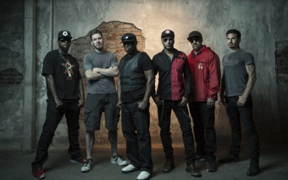 Prophets Of Rage (l-r DJ Lord, Tim Commerford, Chuck D, Tom Morello, B-Real, Brad Wilk)