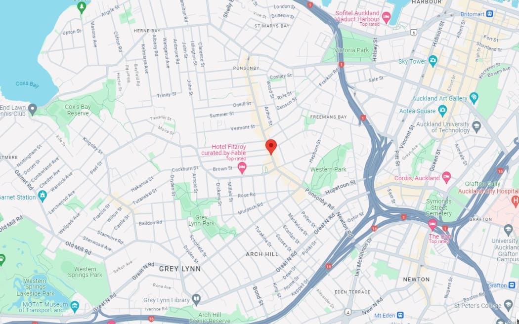 A Google maps screenshot showing the location of a reported death on Ponsonby Road, Auckland on 5 May 2024.