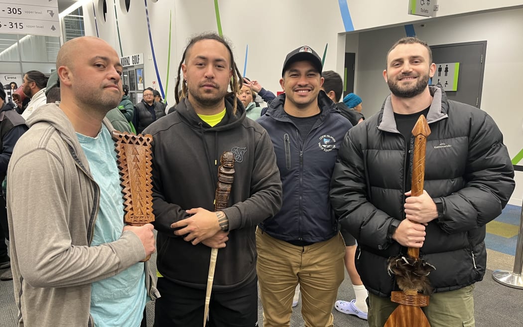 Antony Vavia, second from left, with Mitiaro Te Maeva Nui dancers and supporters. 27 September 2023.