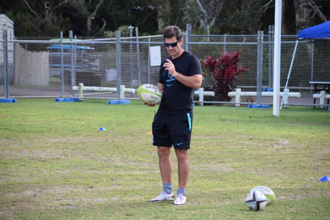 Fiji coach Gareth Baber watches on in training.