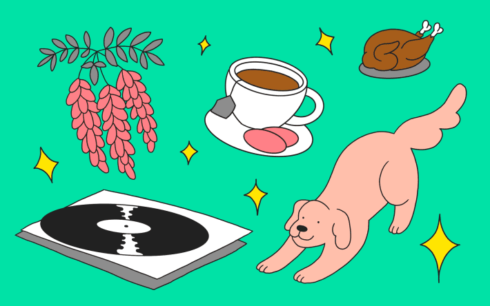 Stylised illustration of Wisteria, records, tea, dog and roast chicken.