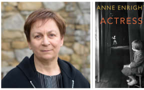 Anne Enright and the cover of her book "Actress featuring Carrie Fisher watching her mother Debbie Reynolds
