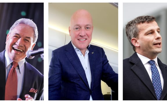 From left, the leaders of New Zealand First, the National Party and ACT: Winston Peters, Christopher Luxon, David Seymour.
