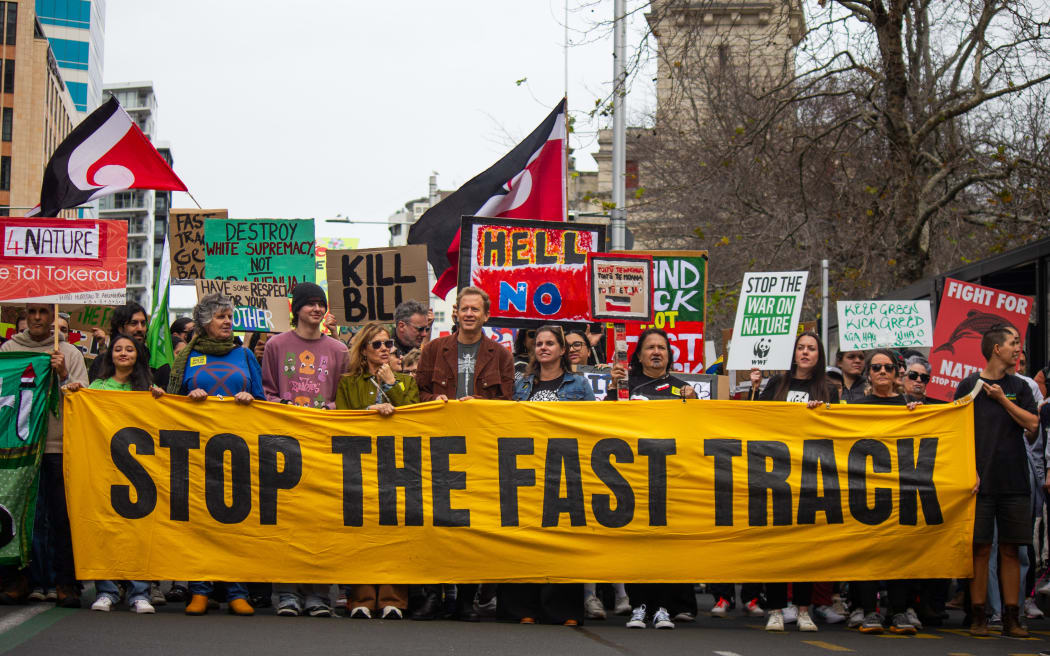 Thousands of people gathered in central Auckland to protest the Fast-track Approvals Bill. Protestors - including former Green Party co-leader Russel Norman, Forest & Bird chief executive Nicola Toki and actress Robyn Malcolm - made their way down Queen Street as part of the March for Nature.