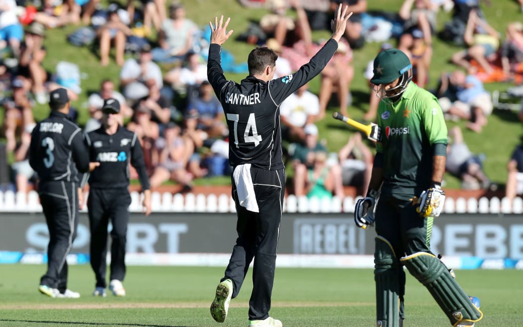 Blackcaps Mitchell Santner celebrates a wicket during the fifth & final ODI against Pakistan.