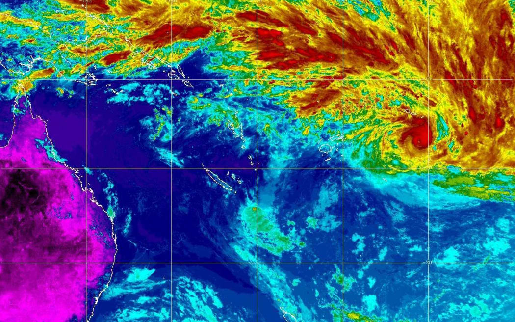 An infrared satellite picture of cyclone Winston (red) as it nears Fiji.