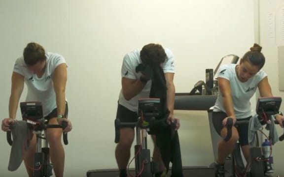 Athletes inside the heat chamber at the Millienium Institute on Auckland's North Shore.