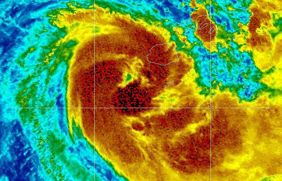 Visible infra-red satellite imagery of Cyclone Sarai as it churns down the west coast of Fiji.