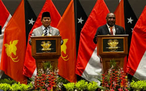 Indonesia's President Prabowo Subianto and PNG's James Marape at an August 2024 press conference, where some West Papuan journalists were barred from attending.  (ABC News: NIck Sas)