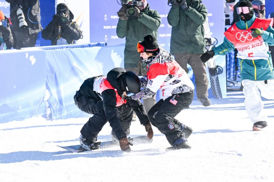 Zoi Sadowski-Synnott (NZL) Gold Medal celebrates with Julia Marino (USA) Silver Medal, Tess Coady (AUS) Bronze Medal during the Olympic Winter Games Beijing 2022, Snowboard, Women's Snowboard Slopestyle on February 6, 2022 at Genting Snow Park