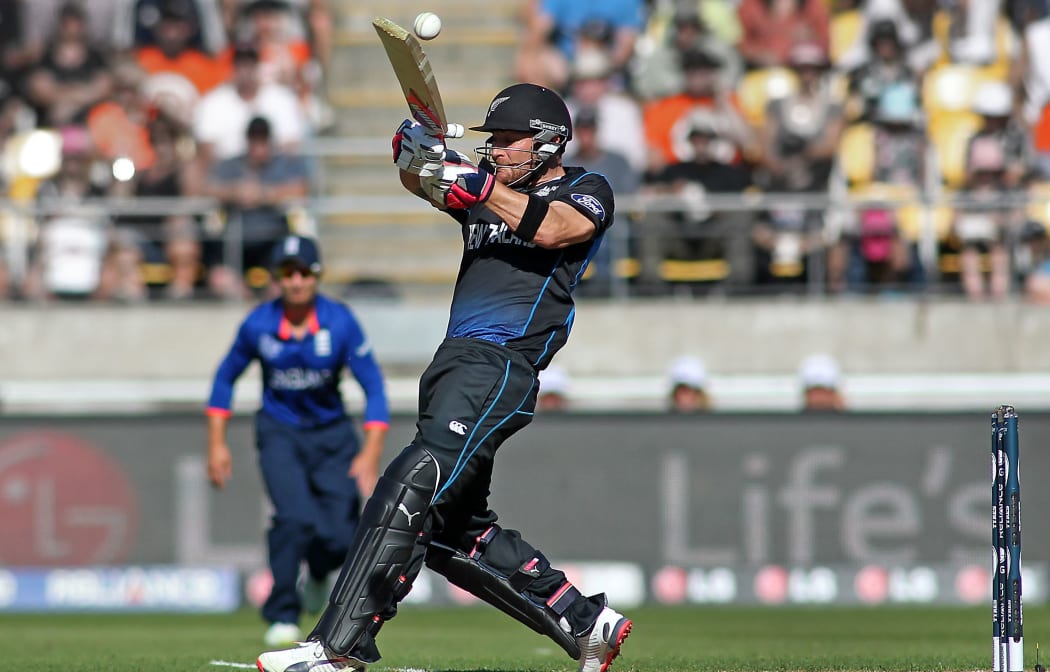The Black Caps captain Brendon McCullum hits a boundary.