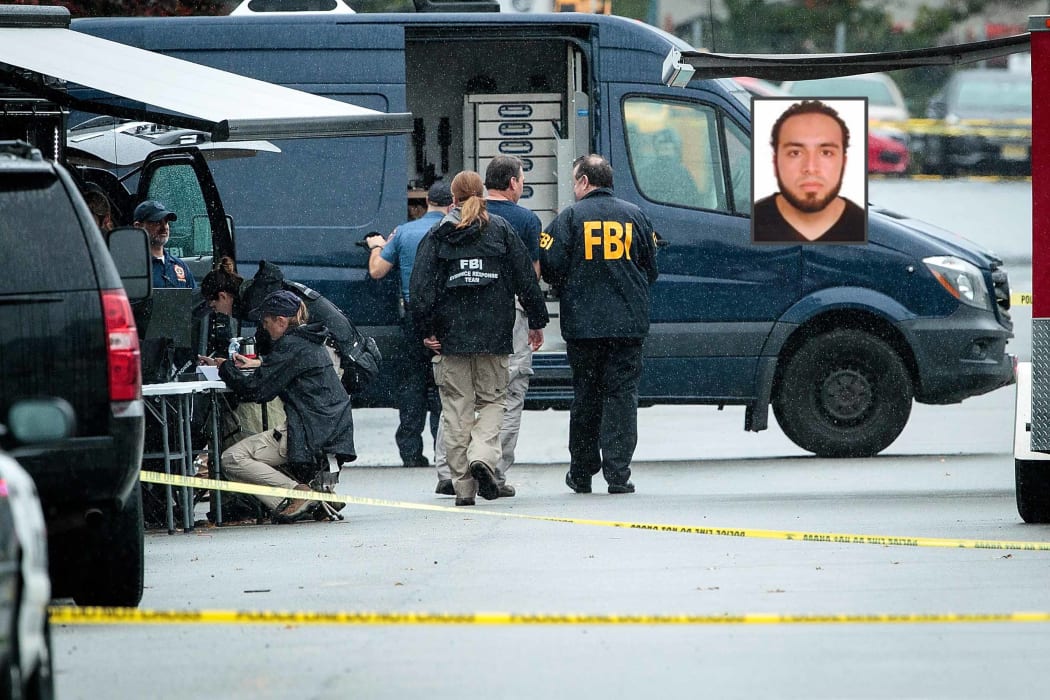 FBI officers work at the site where Ahmad Khan Rahami, inset, was arrested after a shoot-out.