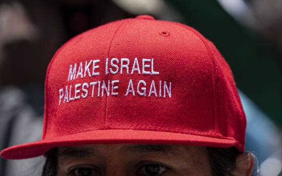 Thousands gather in front of the Consulate General of Israel in Los Angeles, CA to protest in solidarity with Palestinians on strike in Israel, the West Bank, and the Gaza Strip.