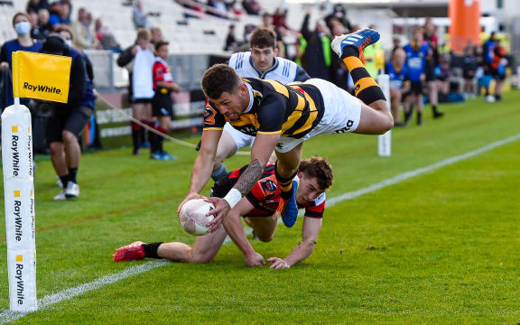 Jacob Ratumaitavuki-Kneepkens scores a try for Taranaki during the Mitre 10 Cup and Ranfurly Shield rugby match against Canterbury at Orangetheory Stadium, Christchurch, New Zealand. 19th September 2020.