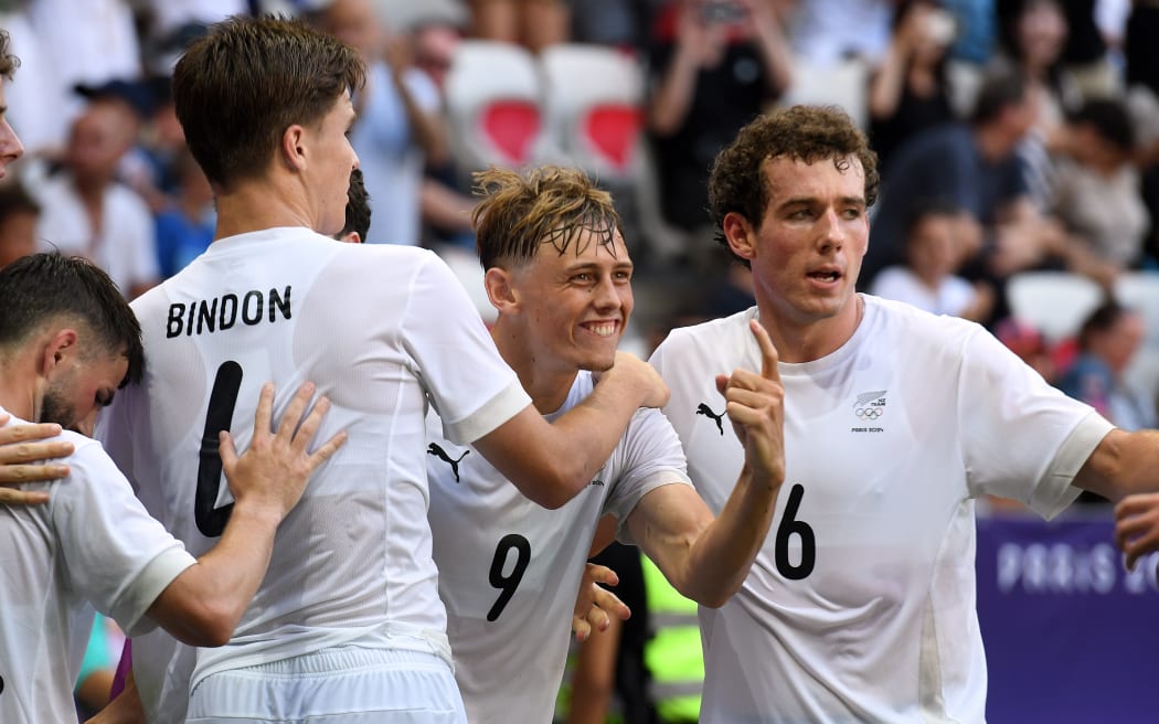 All Whites Ben Waine celebrates a goal during the Paris Olympics 2024 Football game between All Whites vs Guinea at Nice Stadium, in Nice, France. Wednesday 24 July 2024. Copyright Photo: Raghavan Venugopal / www.photosport.nz