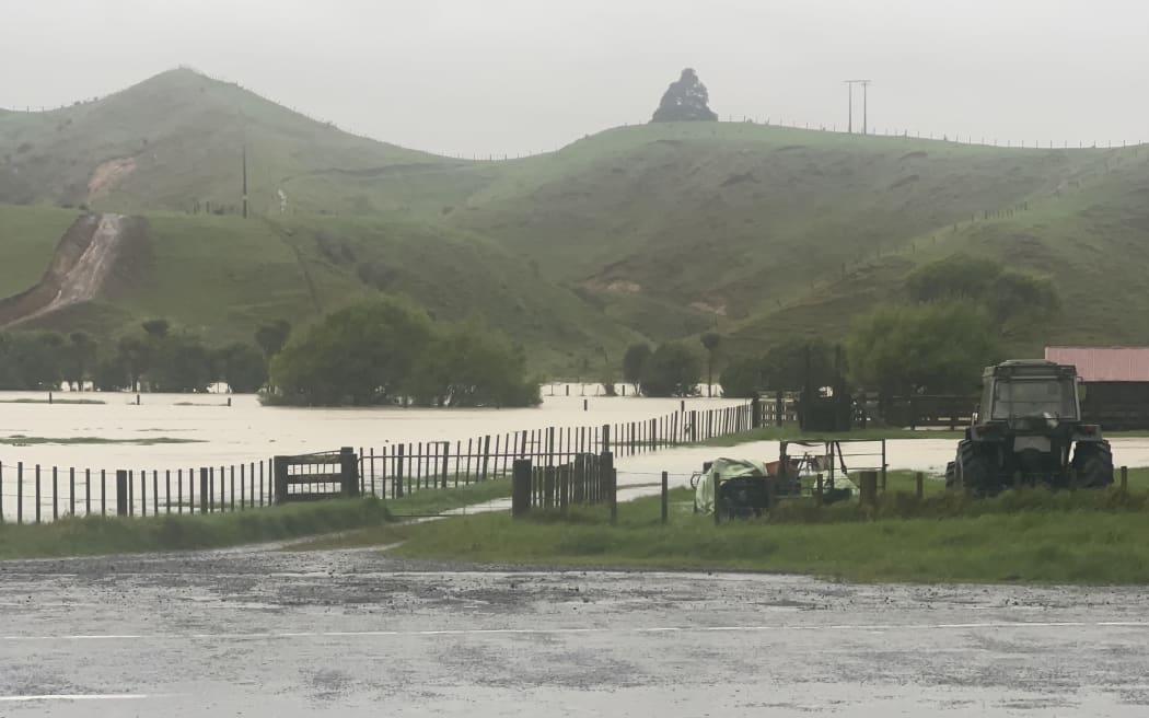 Flooding on farmland at the base of the Awakino Gorge on Tuesday. Photo: Supplied / Bree Joyce