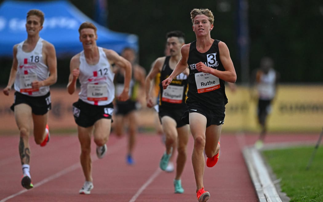 Sam Ruthe wins the mens 3000m at the Potts Track and Field Classic in Hastings.
