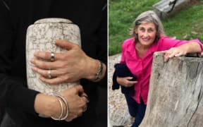 Bridgit Sissons holding an urn (left) from her Vaso collection, and (right) her mother Barbara Sissions who died in 2023.