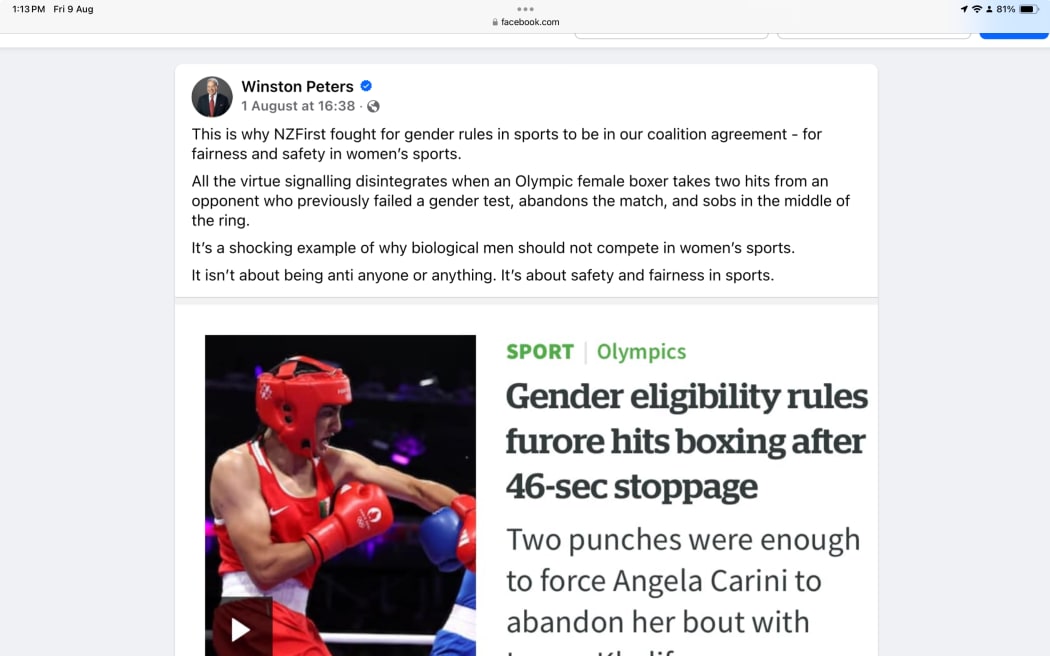 Screenshot of a Facebook post from Winston Peters in which he references discredited claims about the gender of an Olympic boxer. He says "It's a shocking example of why biological men should not compete in women's sports."