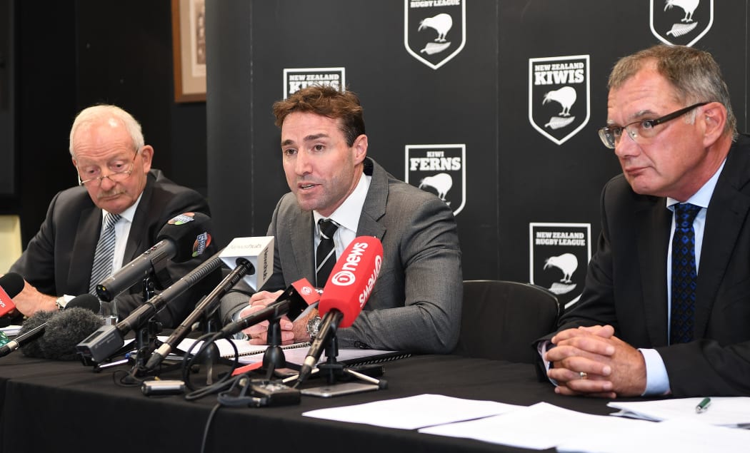 Review panel chair Tim Castle, left, NZRL board chair Reon Edwards and acting CEO Hugh Martyn speak about the findings of the independent review into the Kiwis 2017 Rugby League World Cup campaign.