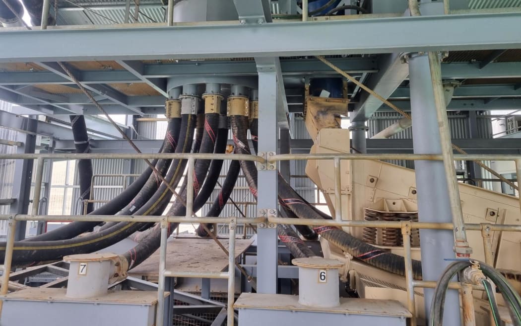 A vibrating platform that has 36 millimetre holes to help sift through the gravel at Millers Flat gold mine.