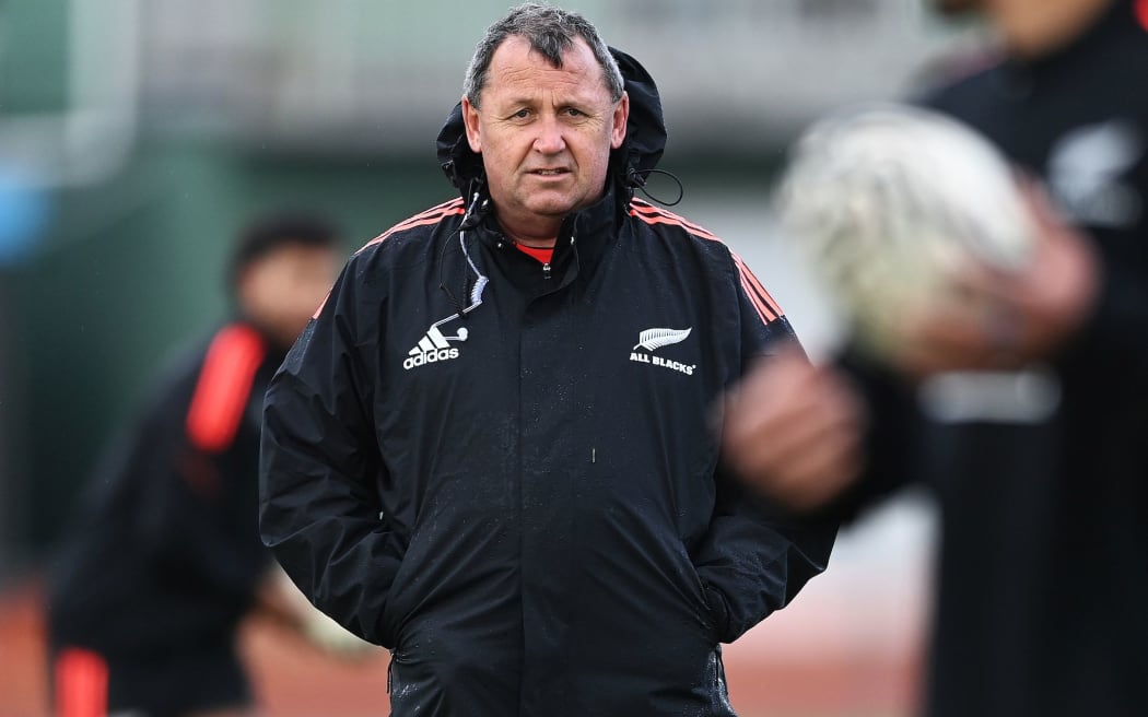 Head coach Ian Foster during a New Zealand All Blacks training session ahead of the test match against Tonga this weekend. Rugby Union.
