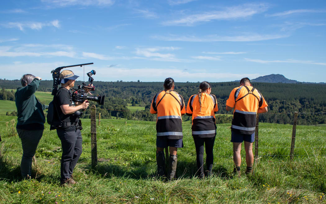 A crew filming the RNZ video series The Turning Point.
