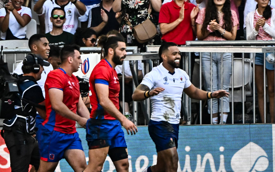 Duncan Paia Aua celebrates during Samoa's Rugby World Cup opener against Chile.