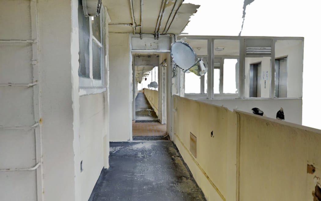 A recent view of the flats' walkway, taken from the university's virtual reality project.