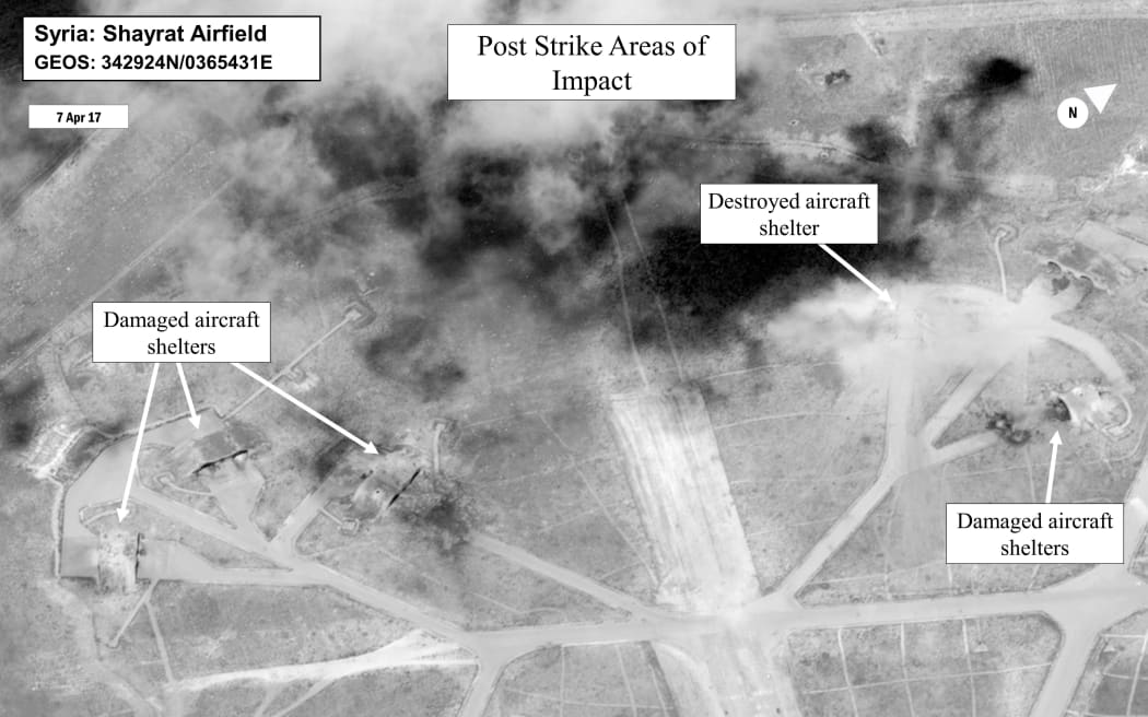 A satellite photo from the US Department of Defense shows a battle damage assessment image of Shayrat Airfield, Syria, following the US Tomahawk missile attack.