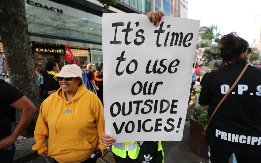 The teachers' strike protest in Queens Street in Auckland on 16 March 2023.