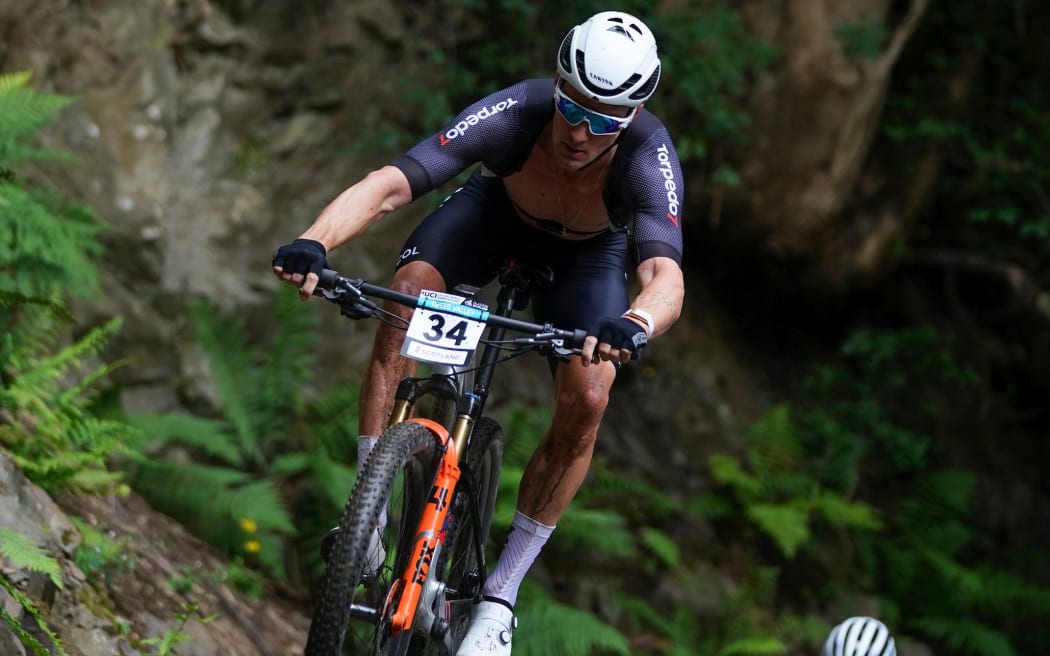 Sam Gaze competing at the mountain biking world championships in Glentress Forest, Peebles, Scotland.