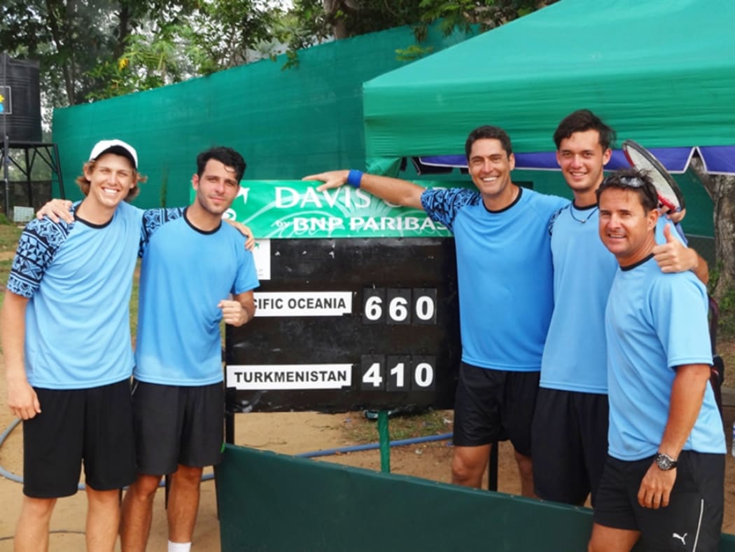 Pacific Oceania celebrate a Davis Cup win over Turkmenistan in 2017.