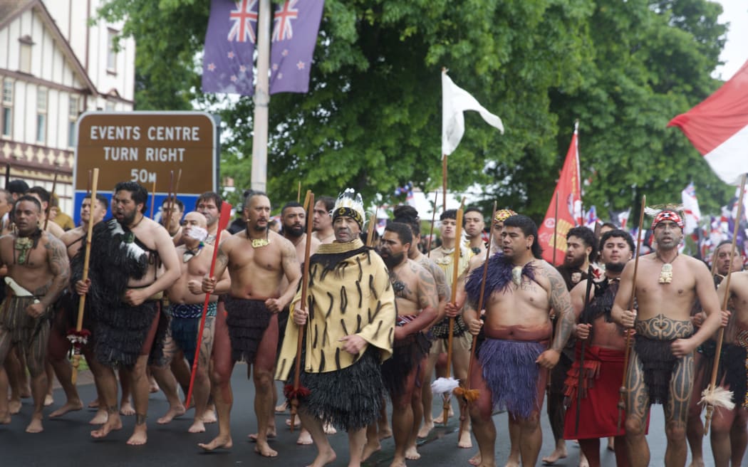 Kaihaka lead Hīkoi mō Te Tiriti through Rotorua.