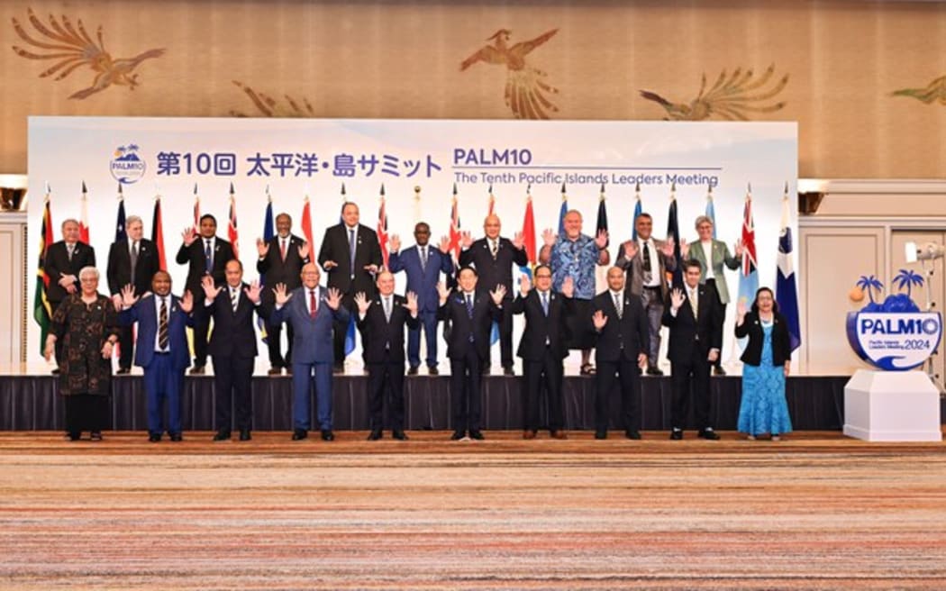 Leaders of Pacific island nations and territories pose for a group photo during the 10th Pacific Islands Leaders Meeting (PALM10) in Tokyo on July 18, 2024.