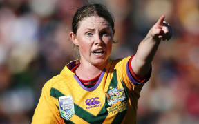 Maddie Studdon of the Australian Jillaroos in action against the Kiwi Ferns during Day 2 of the NRL Auckland Nines Rugby League Tournament 2016.