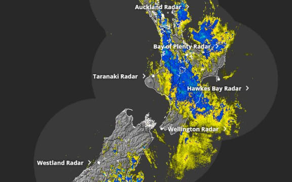 A screen shot of the MetService's rain radar at 6.05pm on Friday 9 May 2025.