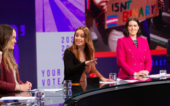 Anna Harcourt prepares to bash the buzzer to keep order in TVNZ's youth issues debate last Monday.