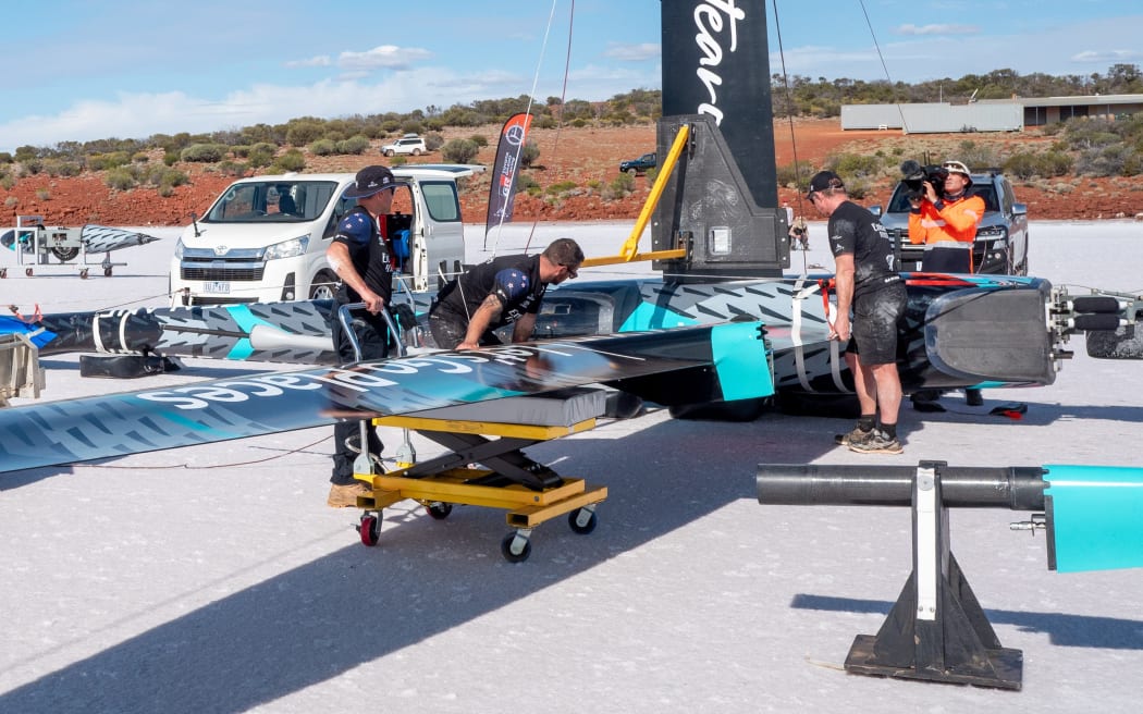 Crew members set up Horonuku at Lake Gairdner in South Australia.