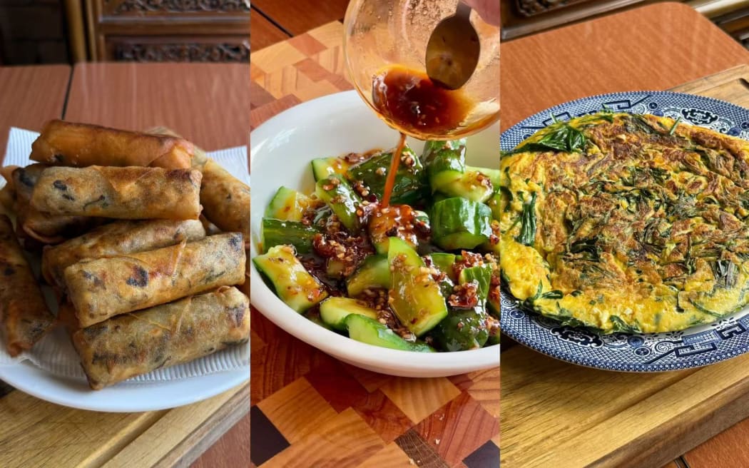 Sam Low's vegetarian dishes. From left to right: Vegetarian spring rolls, Chinese cucumber salad, Chinese chive omelette.