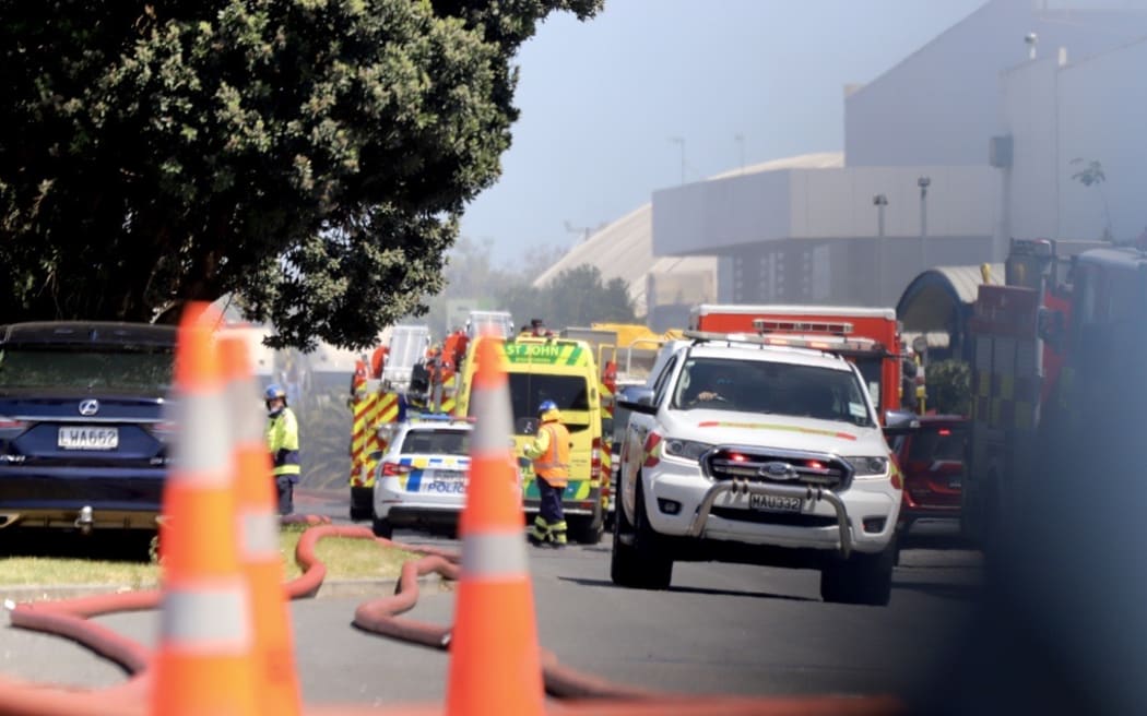 Emergency services are at the scene of a large blaze at a waste facility in Onehunga on 7 February 2024.