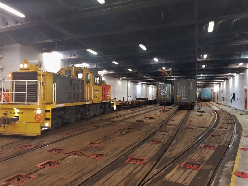 A 2019 image shows the rail deck on the Aratere ferry.
