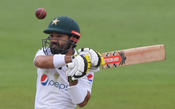 Pakistan's Mohammad Rizwan plays a shot on the second day of the second Test cricket match between England and Pakistan at the Ageas Bowl in Southampton, southwest England on August 14, 2020. (Photo by Stu Forster / POOL / AFP)