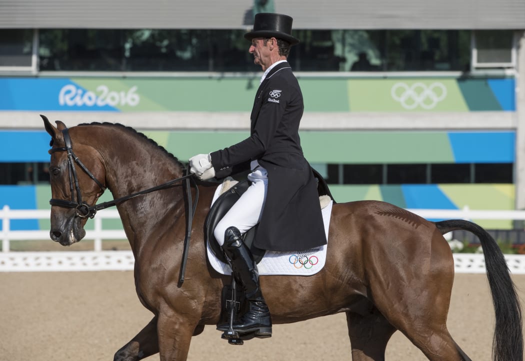 Sir Mark Todd on Leonidas II during the Equestrian competition Eventing's Dressage phase at the Rio Olympics.