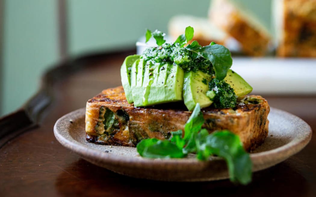 Cheesy Herb Cornbread with Avocado & Rocket Sauce