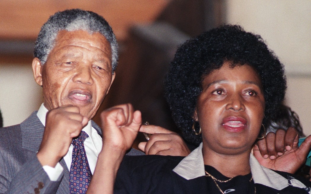 February 11, 1990, anti-apartheid leader and African National Congress (ANC) member Nelson Mandela and wife Winnie Madikizela-Mandela raise fists upon Mandela release from Victor Verster prison in Paarl.