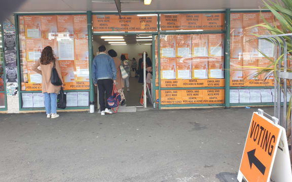 Voters queueing on the first day of voting, at a Riddiford Street polling station in Wellington.